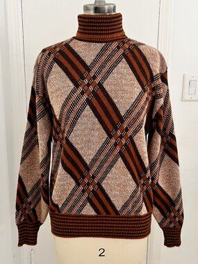 Vintage Orlon Brown Argyle Turtleneck Sweater Size L